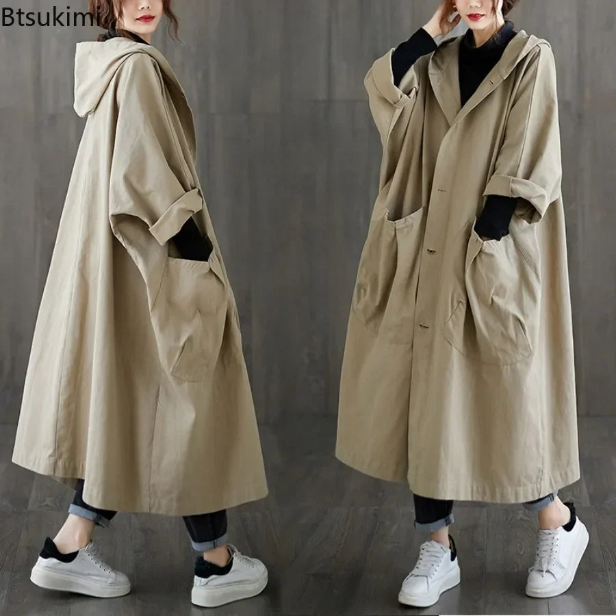 New 2026 Ladies Hooded Trench Coats Solid Loose Single-breasted Long Jacket for Daily Wear Women Windbreaker Casual Outerwear