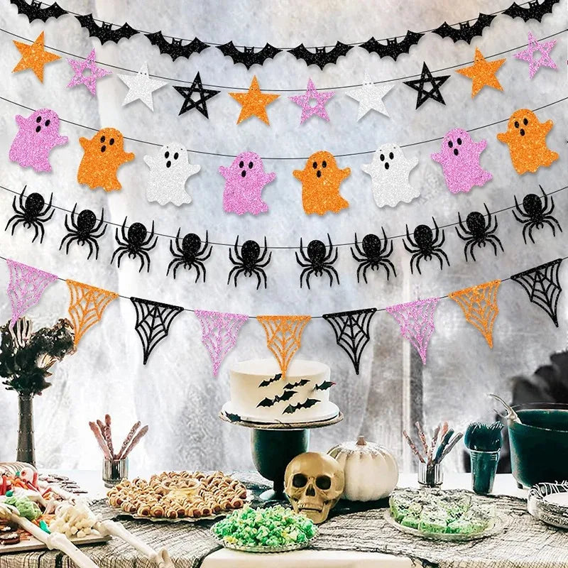 Halloween Party Decor Paper Banner Bat Spider Ghost Banner Garland Bunting For Home Halloween Party Hanging Ornaments Favor Gift