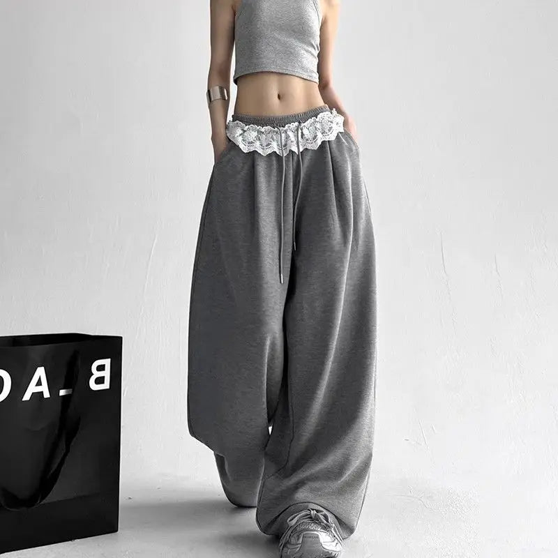 Wide-leg Pants for Women New Solid Color Loose Lace Drawstring Casual Drooping Sports