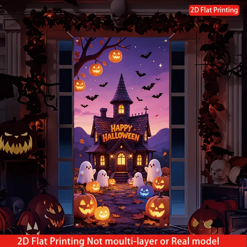 2D Halloween party decor, with a fantasy horror atmosphere style, featuring a castle and bats.zyc