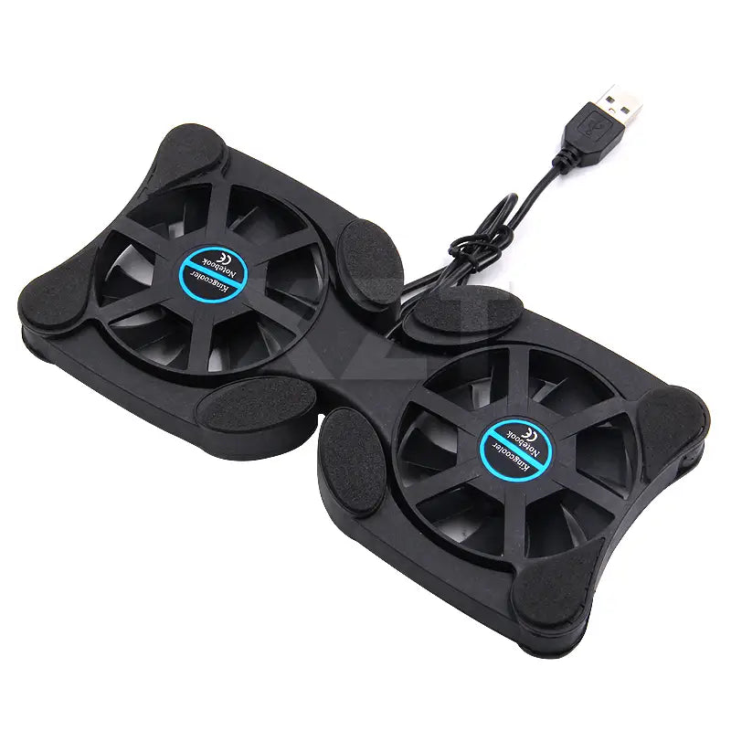 Black dual-fan laptop cooling pad with blue-accented fan hubs and usb cable designed as a portable stand for efficient laptop cooling.