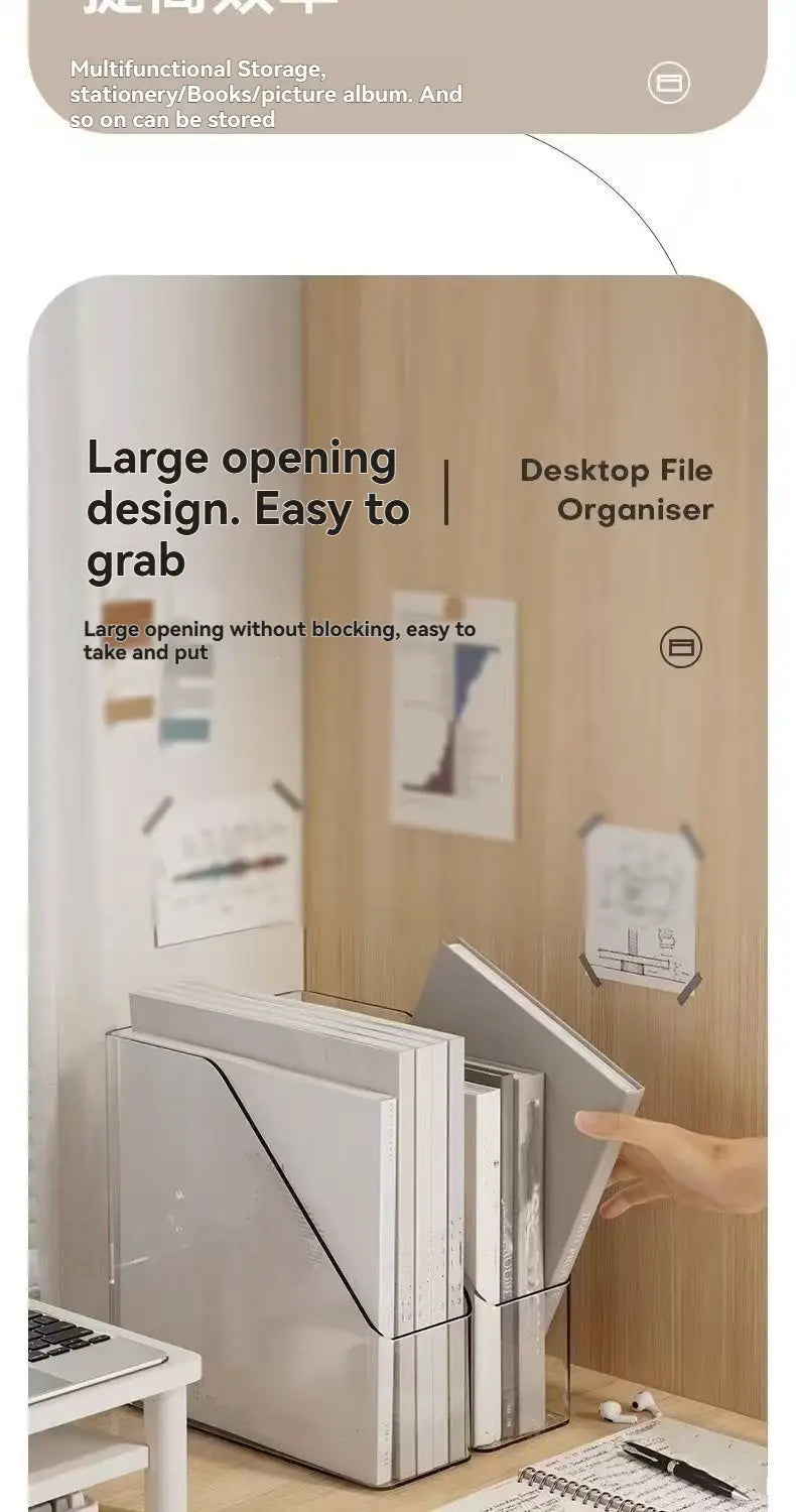 Silver metallic acrylic desktop book stand and file organizer with a sleek modern design and large opening for easy access