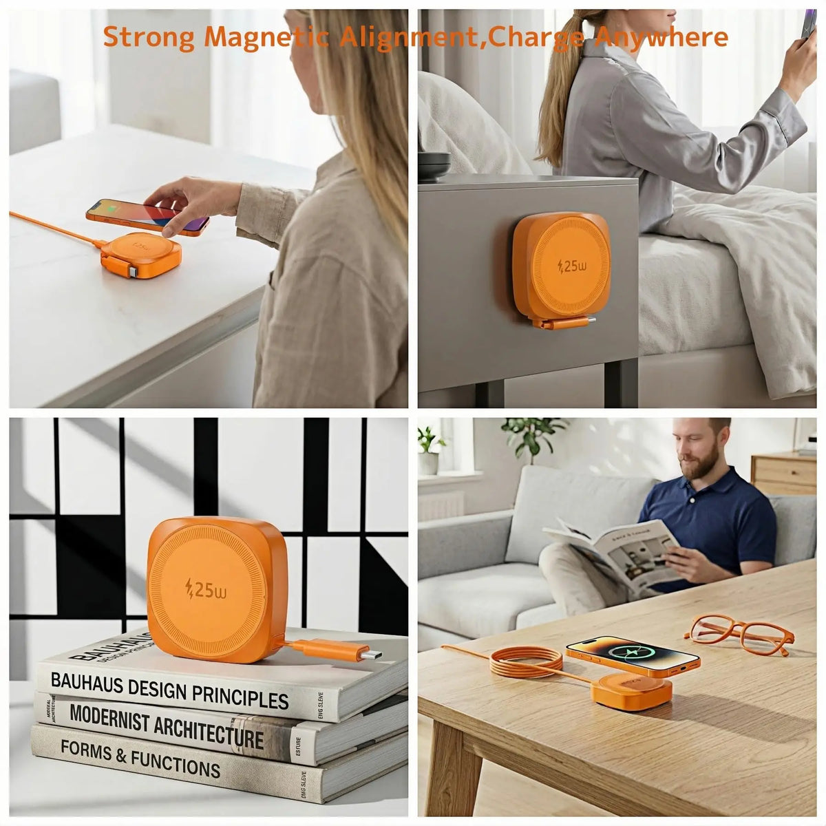 25W Wireless Charger with Retractable USB-C Cable Fast Qi2.2 Magnetic Charger for iPhone Airpods Portable Wireless Charging Pad