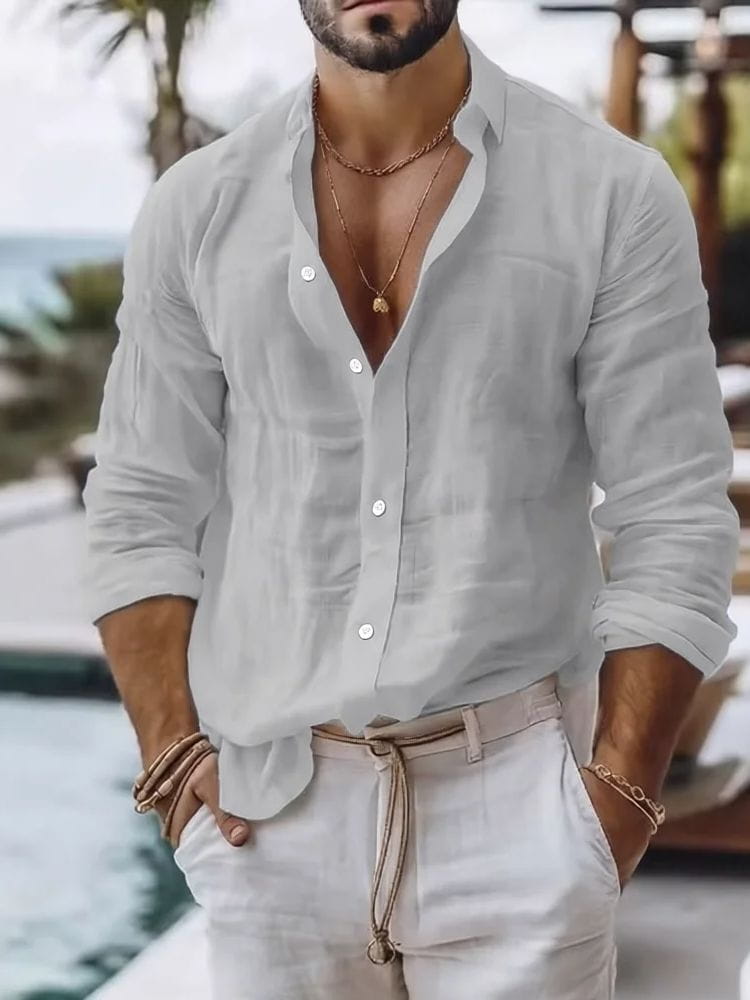 camisa de algodón de lino gris claro de hombre para verano en la playa, de botonadura sencilla, con mangas arremangadas y ajuste relajado para estilo de verano en la playa