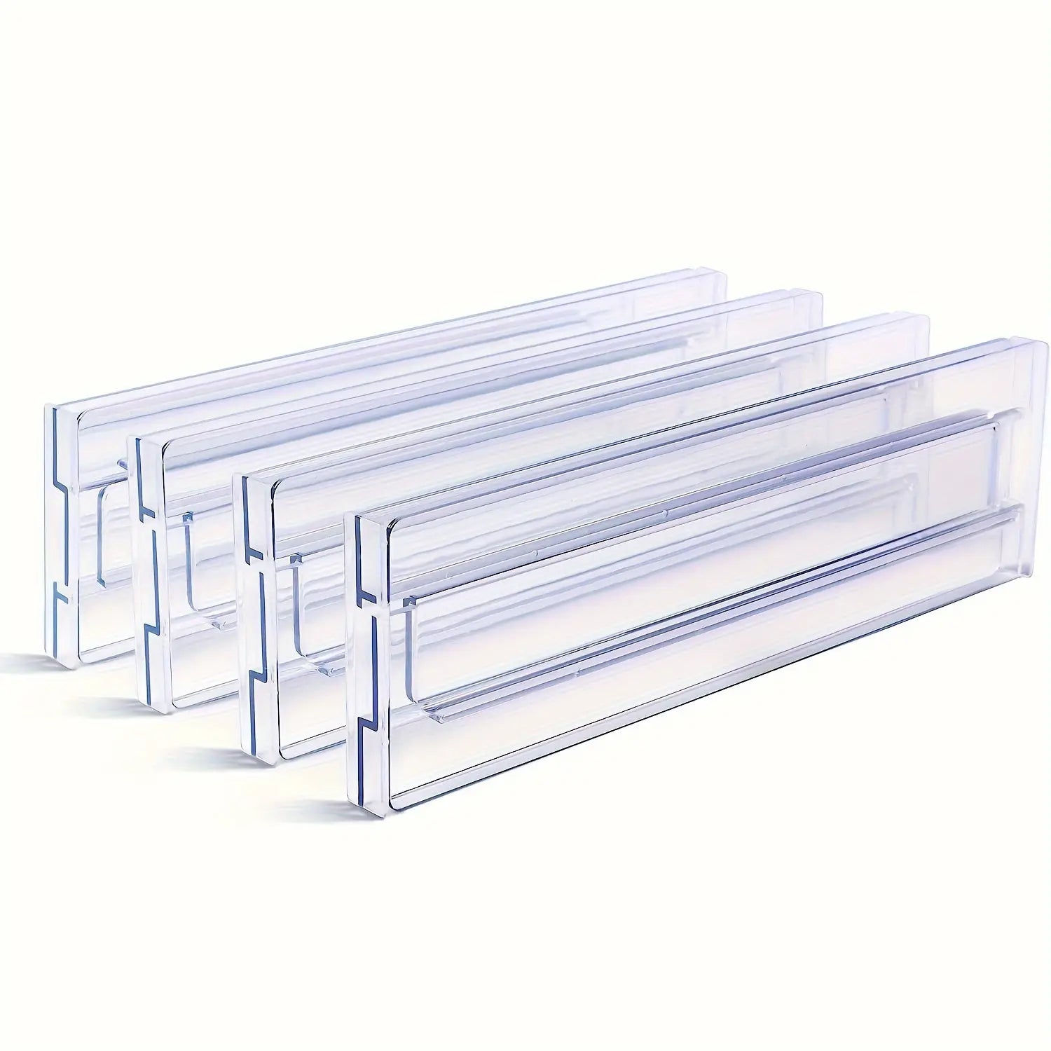 Clear plastic drawer dividers adjustable organizers with a sleek rectangular design and reinforced edges made of durable plastic.