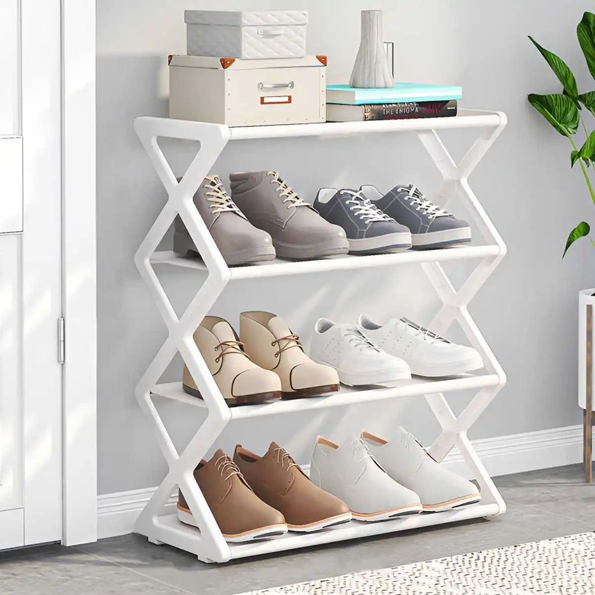 weißer robuster Schuhregal aus Stahl mit vier Regalen und klappbarem Design mit staubabweisendem Bezug aus Stoff