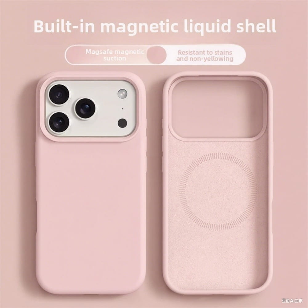 MagSafe対応に設計された、iPhone 17 Pro Max向けの内蔵磁性液シェルを備えたピンク色シリコーン携帯ケースの背面。