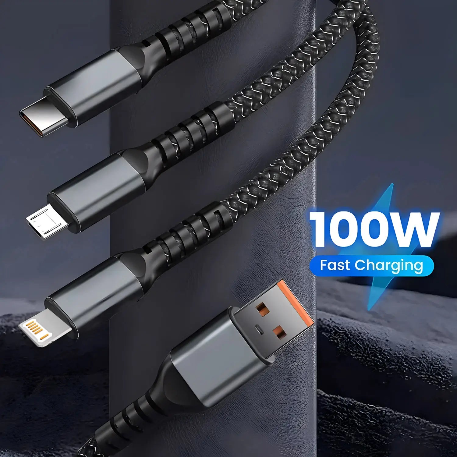 Câbles USB-C Lightning et micro-USB noirs tressés avec connecteurs métalliques, câble de charge rapide 3-en-1 100 W en nylon tressé pour une recharge rapide et durable.
