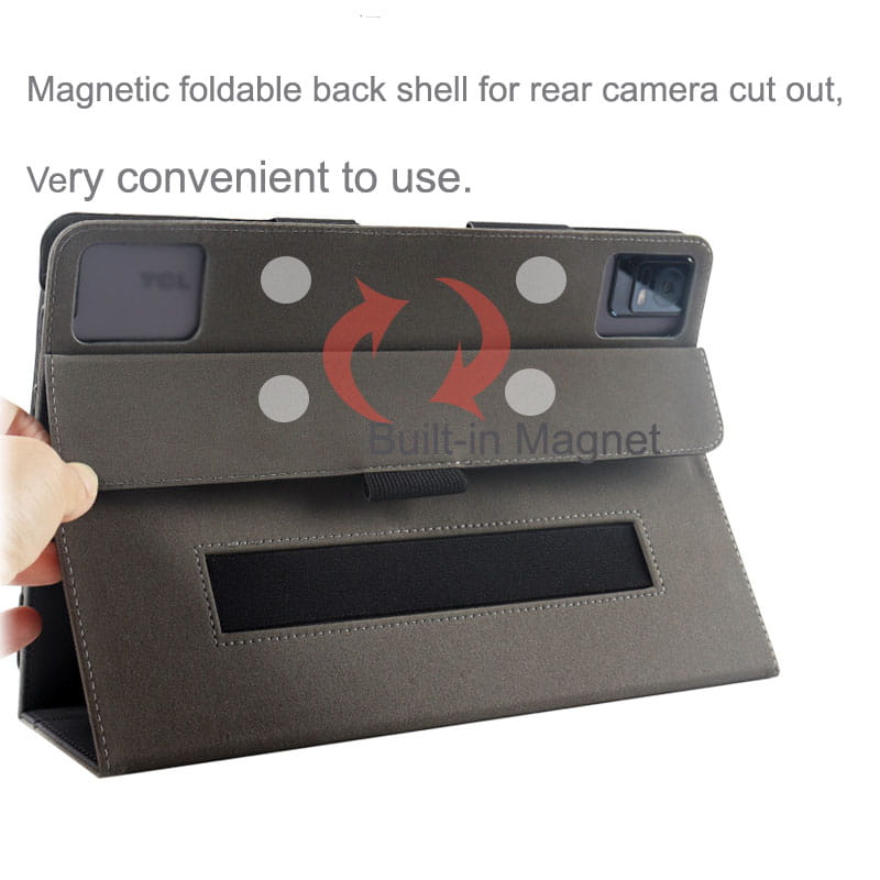 Black magnetic foldable leather case with stitched edges and camera cutouts for acer iconia tab p10 stand.