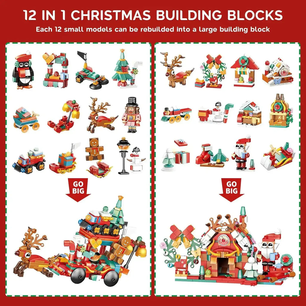 Christmas surprise advent calendar 2025 featuring red and green building block set with 12 small models