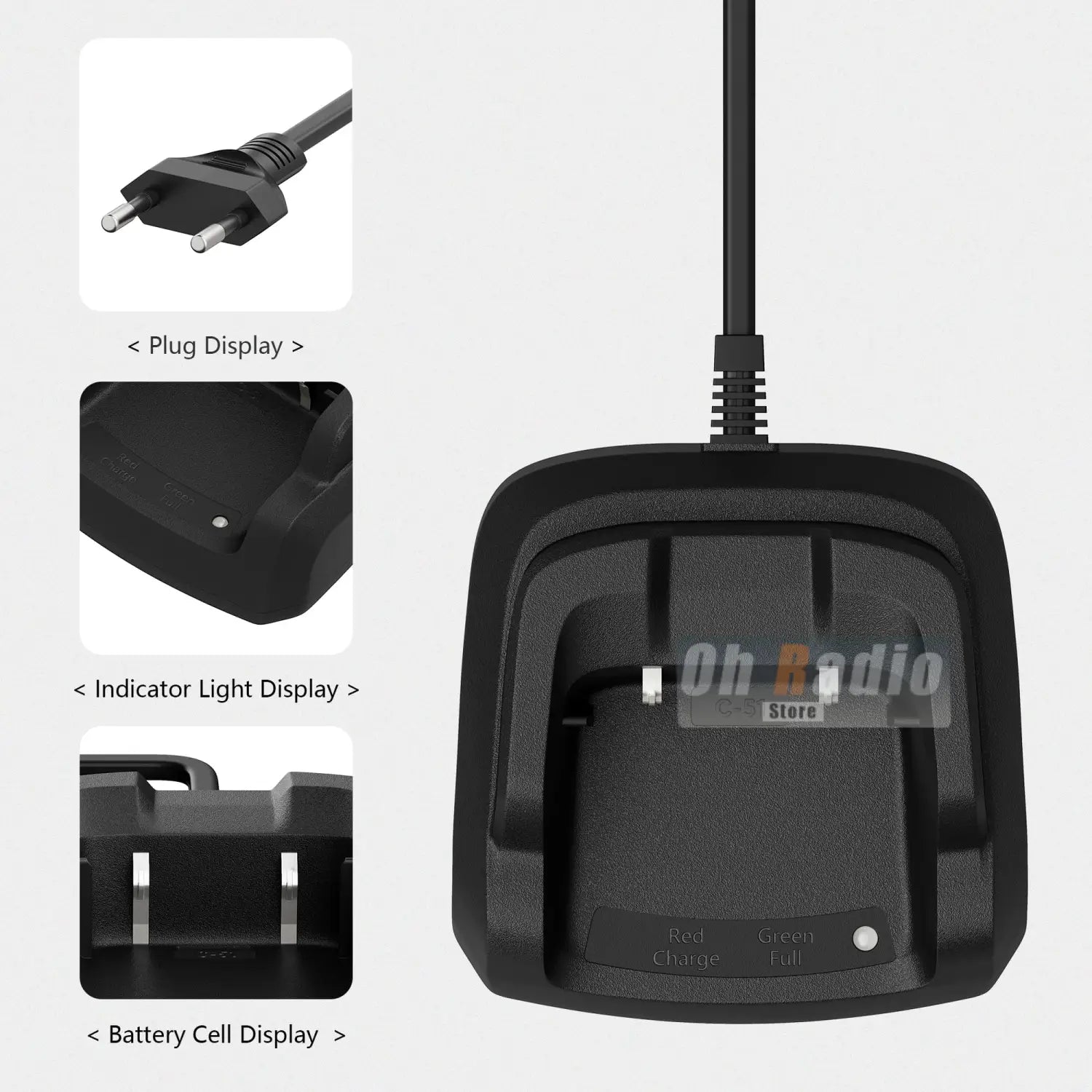 Black plastic desktop charger quansheng uv-k1 with power cord and green light indicator for charge status.