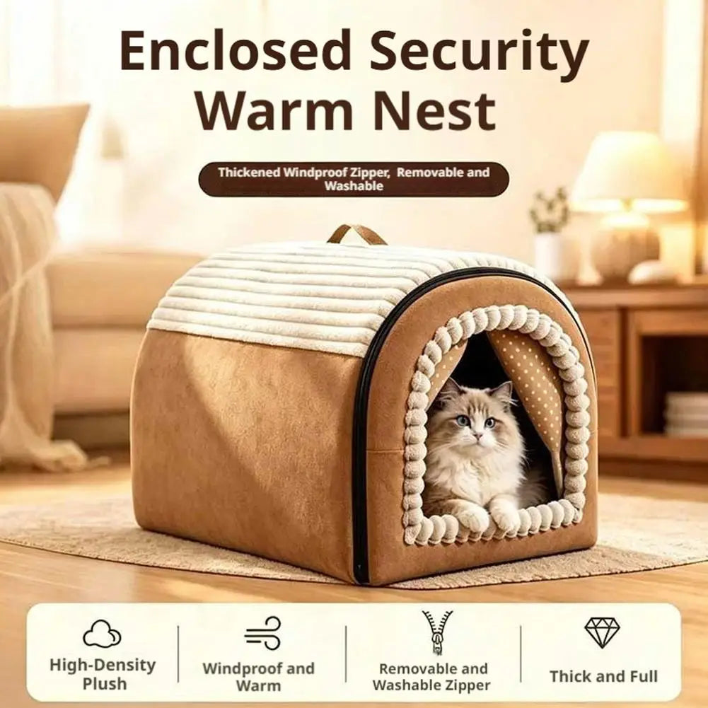 Brown and cream plush pet bed cave with a cozy arched entrance lined with pom-pom trim made of washable warm cotton for comfortable pet resting.