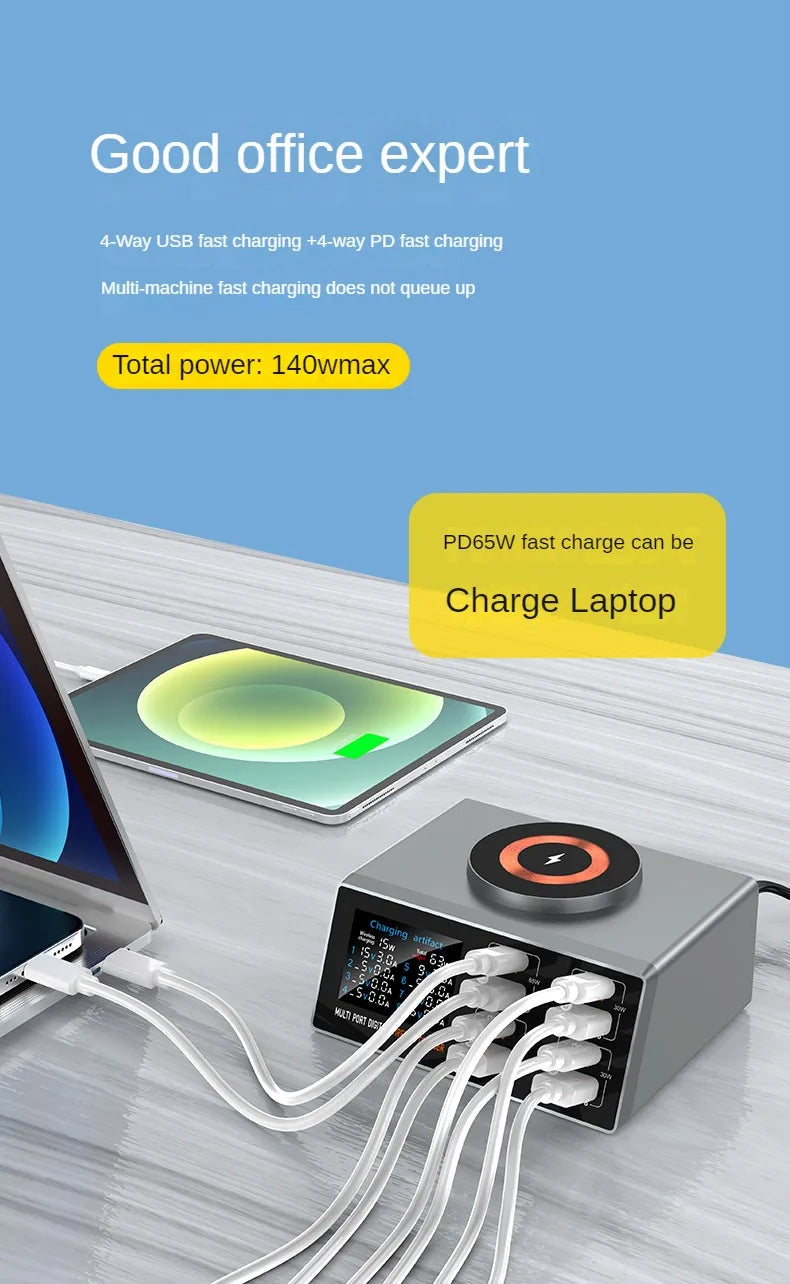 140W Multi-Port Charger with Digital Display, PD+QC, and Desktop Magnetic Wireless Charging for Phones and Laptops