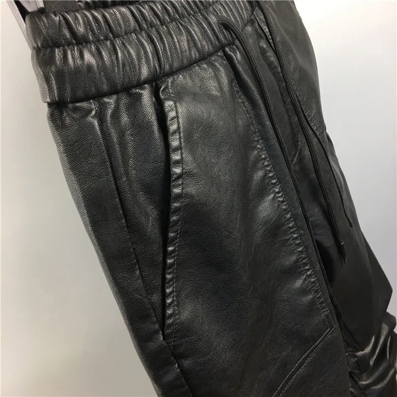 Men Casual Cargo Harem Pants High Street Hip Hop Length PU Faux Leather Sweatpants Autumn Winter Black Big Size
