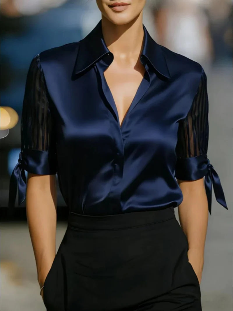 Elegant Satin Blouse with Sheer Striped Sleeves and Tie Cuffs Formal Office Shirt Women White Shirts Casual Office Ladies Wear