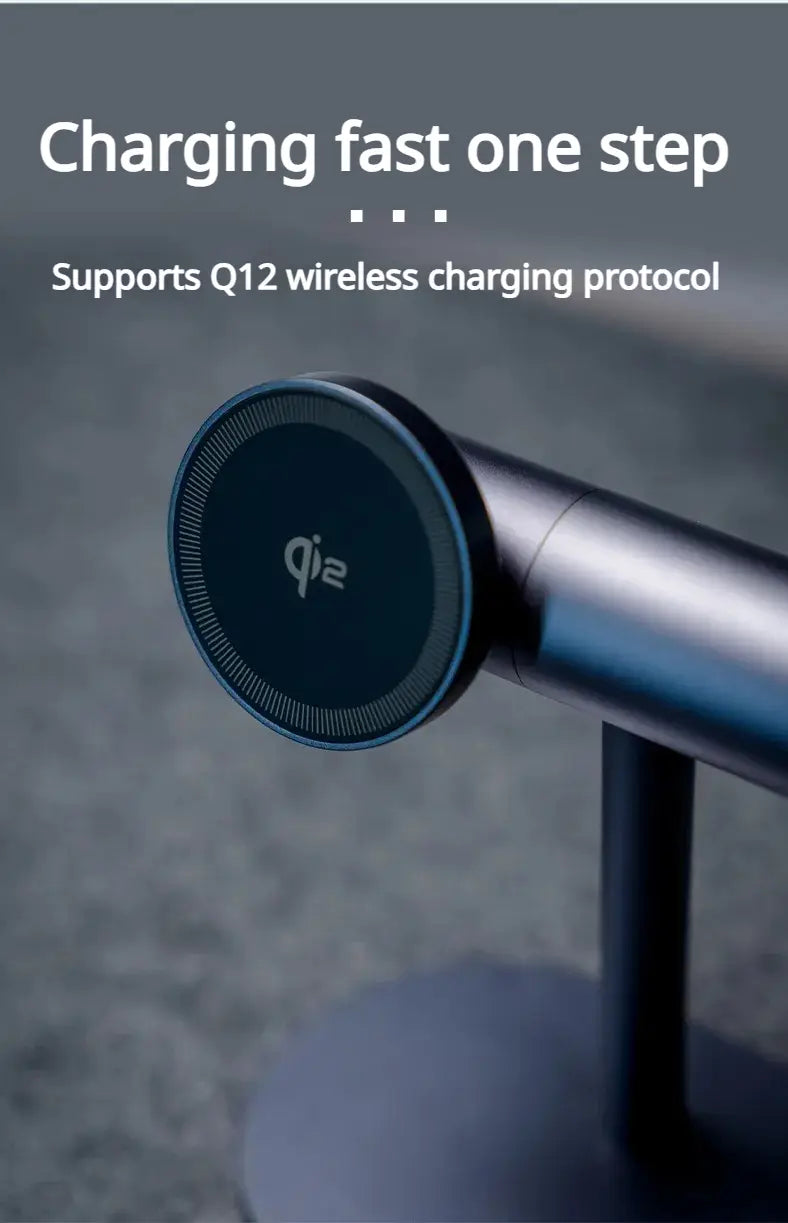 Chargeur sans fil magnétique circulaire bleu et noir avec logo q12, conçu pour une charge rapide dans la station de charge rapide 25 W 7-en-1 pour charge sans fil.