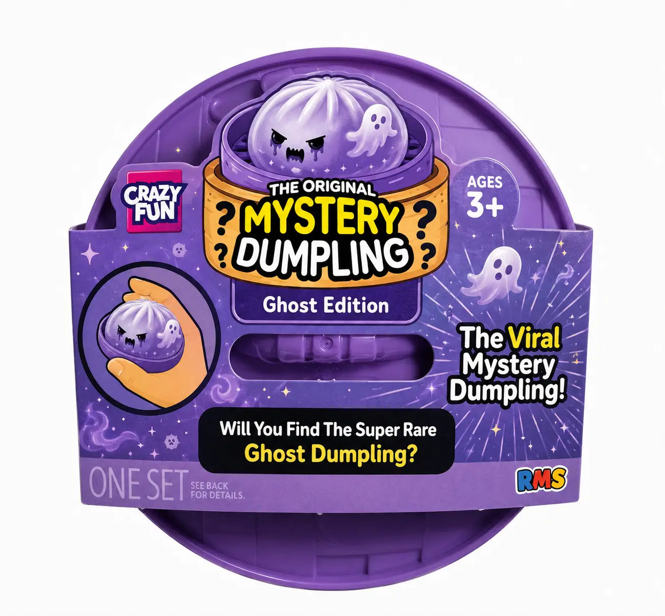 purple plastic mystery dumpling toy packaged in a circular container with ghost-themed design and crazy fun branding as finished goods squishy dumpling stress ball.