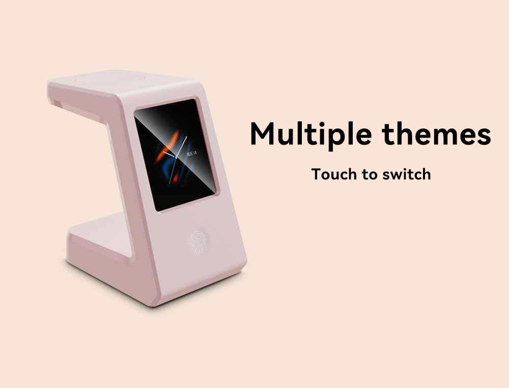A sleek matte pink wifi weather clock with a rectangular touchscreen display showing abstract colorful graphics and wireless charging capability on a desk stand.