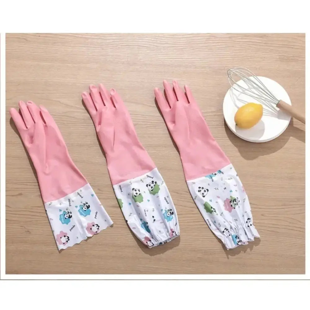 waterproof cleaning gloves made of pink rubber with a white panda-patterned fabric cuff.