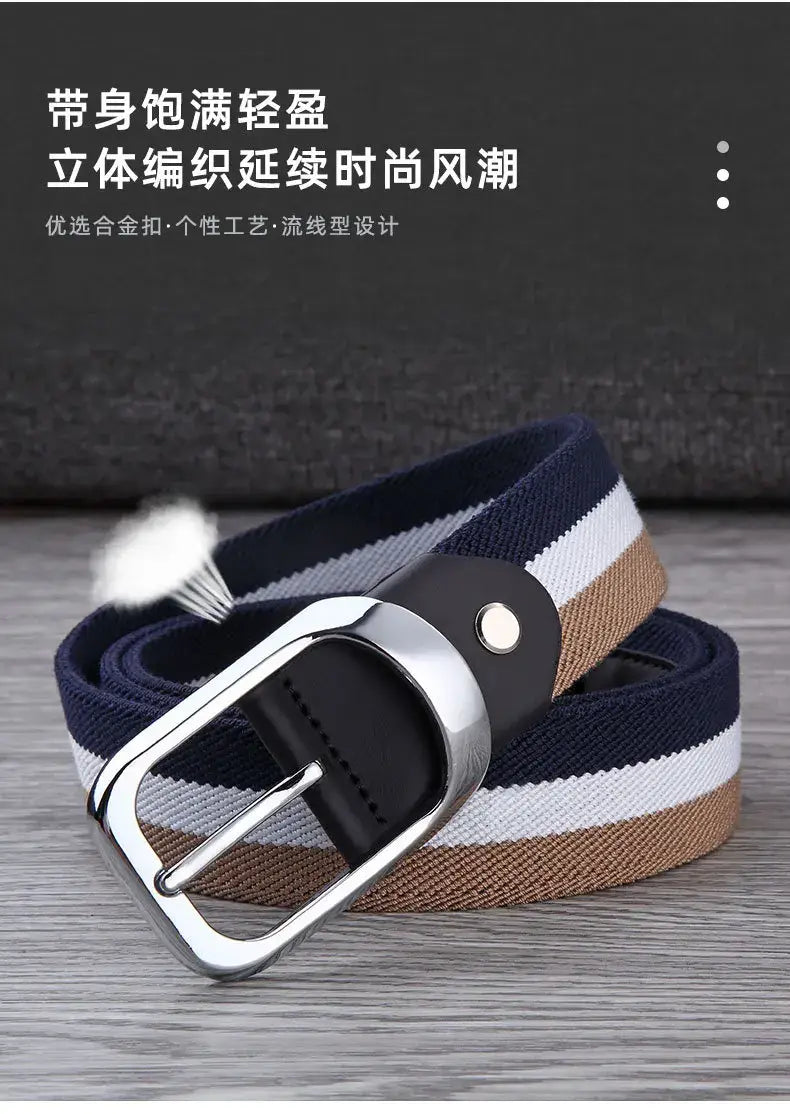 Canvas web stripe belt for men casual waistband featuring navy white and tan woven stripes with a silver toned metal buckle.