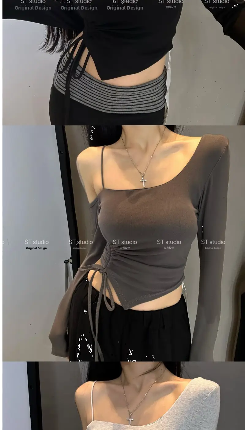 A sleek slimming effect long sleeve top in muted gray with a square neckline and side tie details designed for daily wear.
