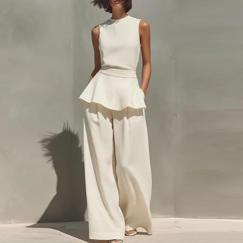 Office Lady Outfits Women Fashion Two Piece Set Summer Sleeveless O Neck Vest Sleeveless Shirt High Waist Pants Suit Work Wear