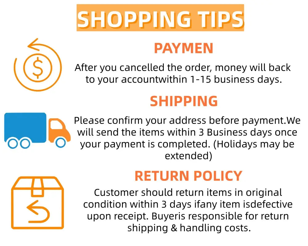Shopping tips infographic with orange and blue icons illustrating payment shipping and return policy details for the Harley Touring saddlebag support grommet kit 1993 up.