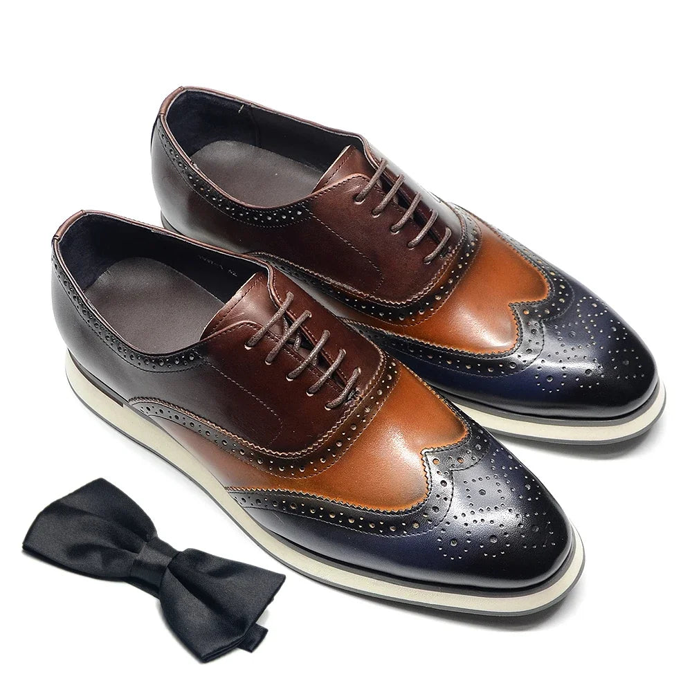Men's Dress Sneakers Genuine Leather Italian Full Grain Cowhide Wingtip Brogue Oxfords Business Casual Formal Shoes Brown / Blue