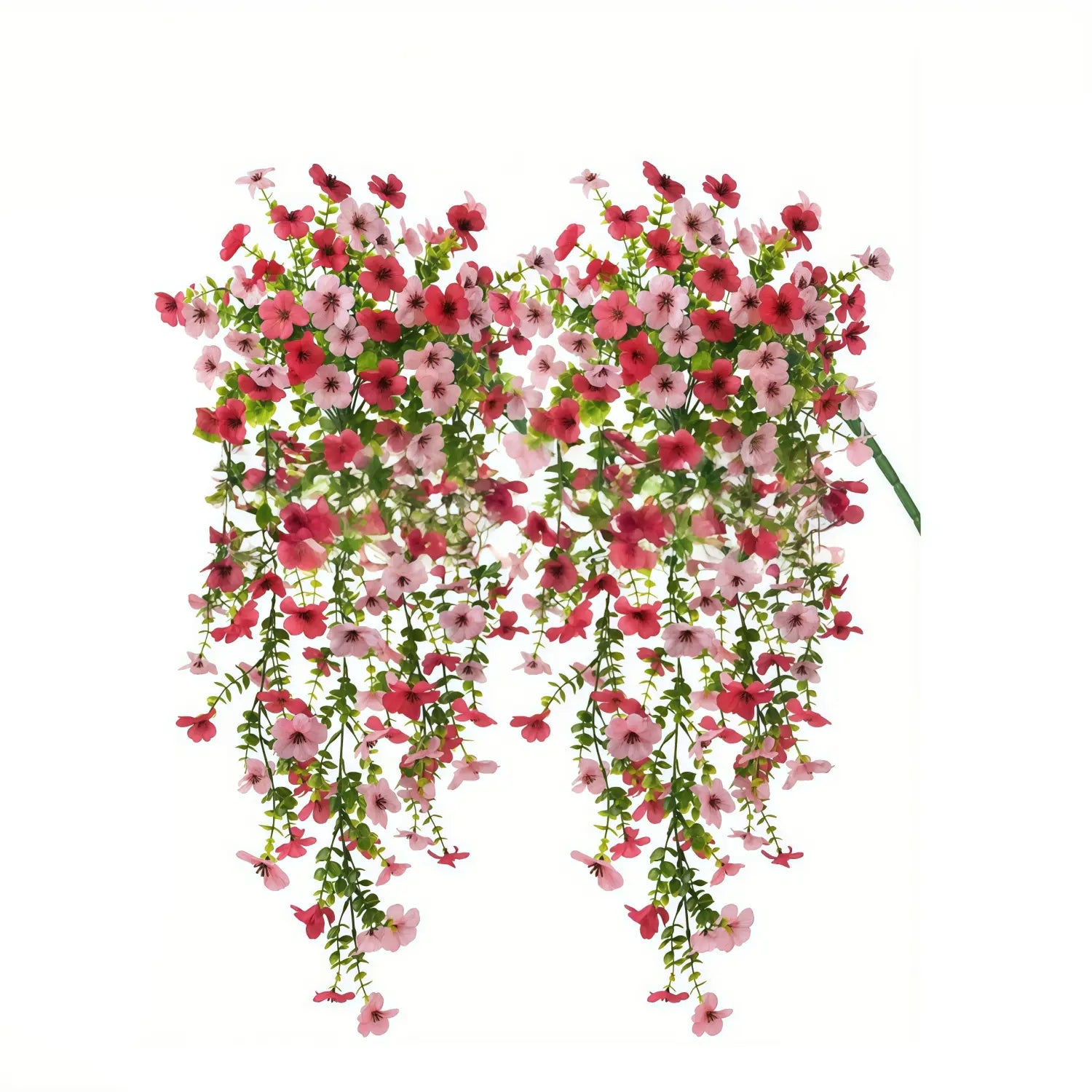 a cascading arrangement of artificial flowers featuring pink and red morning glory vines with green eucalyptus stems designed as a lush flower bouquet