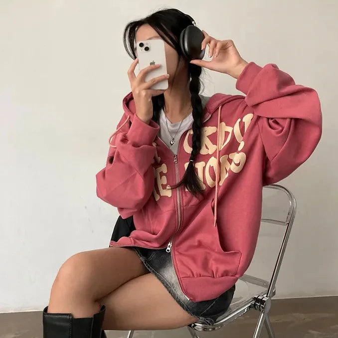 Women Sweatshirt Hoodie Clothes Y2k 2025 Fall New Hoodies Women High Street Harajuku Retro Hip Hop Zip Up Hoodie Loose Hoodie