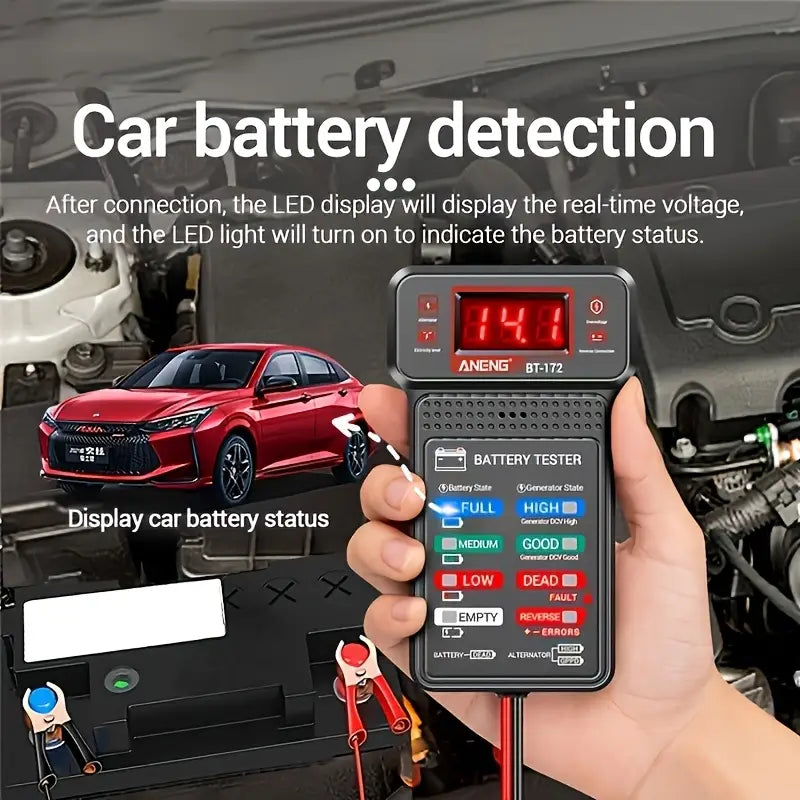 自動車用途向けに、赤色LED表示と複数のステータス表示を備えたブラックのAneng BT-172 12Vデジタル自動車バッテリーテスター。