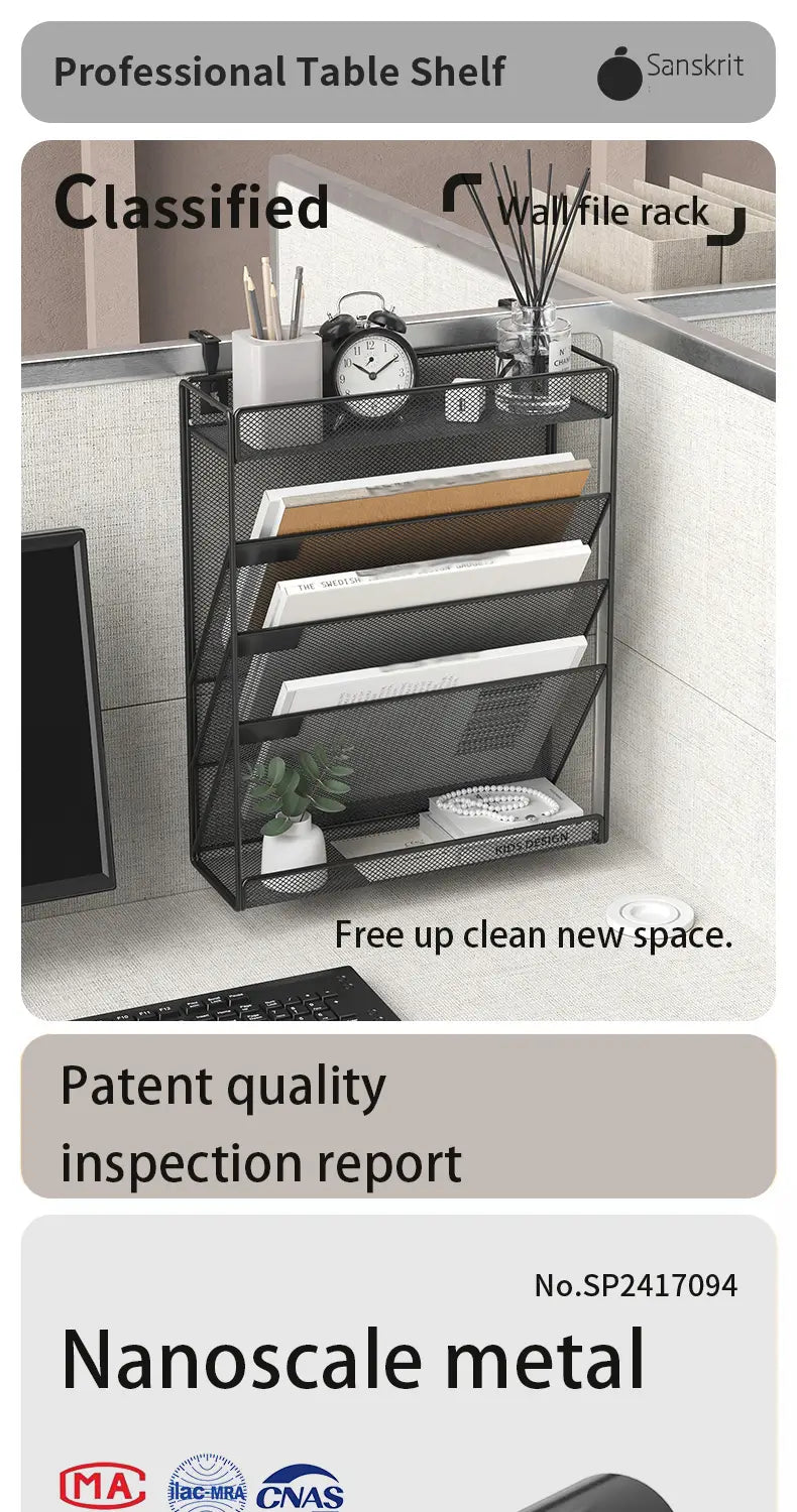 Black mesh wall mount file organizer with five-tier compartments and a sleek modern design for efficient document storage.