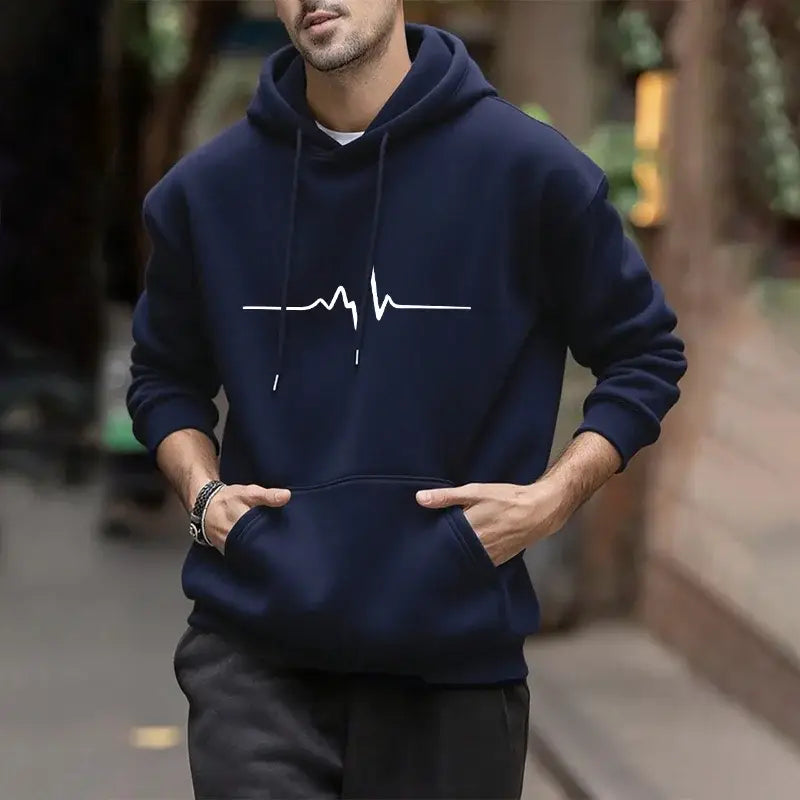 Herren-Winter-Casual-Kapuzenpullover in Navyblau aus Baumwolle mit weißer Herzschlag-Liniengrafik auf der Brust.