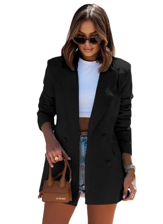 Blazer women 2026 casual Autumn Winter Long-sleeved double-breasted solid color long blazer women's clothing