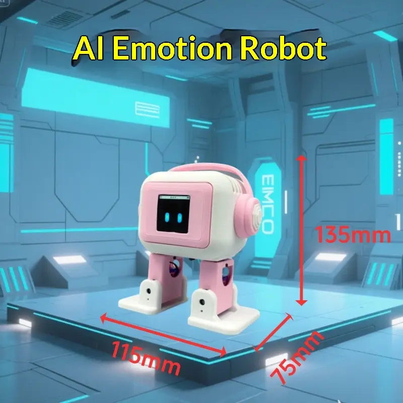 Ai smart companion robot toy in pink and white with a rounded head, glowing blue eyes, and headphones designed as an emotional ai robot.