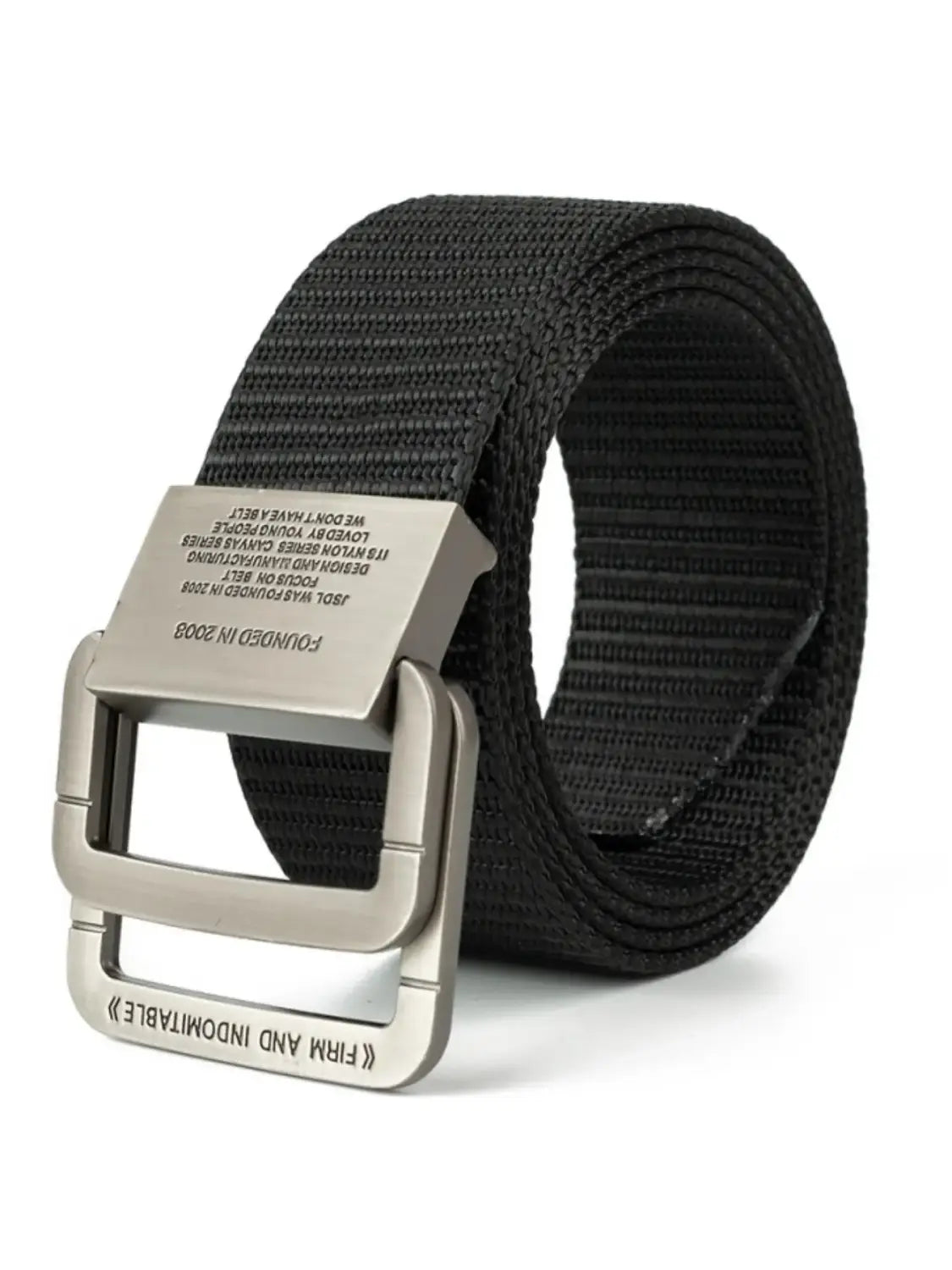 Black woven nylon canvas web belt with a silver-toned automatic metal buckle featuring engraved text for unisex use.