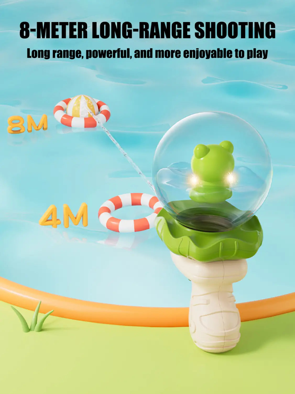 Elefanten-Baby-Bade-Spielzeug zum Versprühen von Wasser in Form eines grünen Frosches mit transparenter Kuppel und weißem Sockel, ausgelegt für Schüsse mit großer Reichweite.