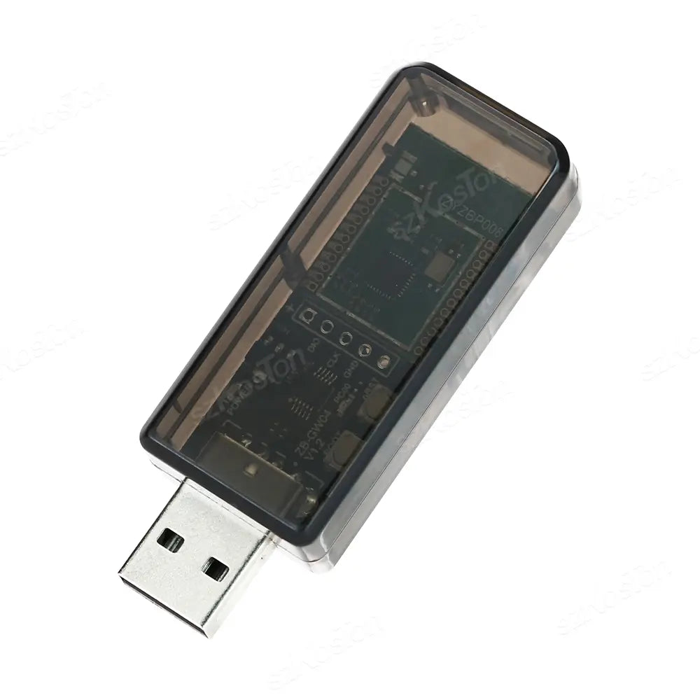 Transparent plastic zigbee usb voltage meter dongle plus with green circuit board and silver metallic connector for home assistant integration.
