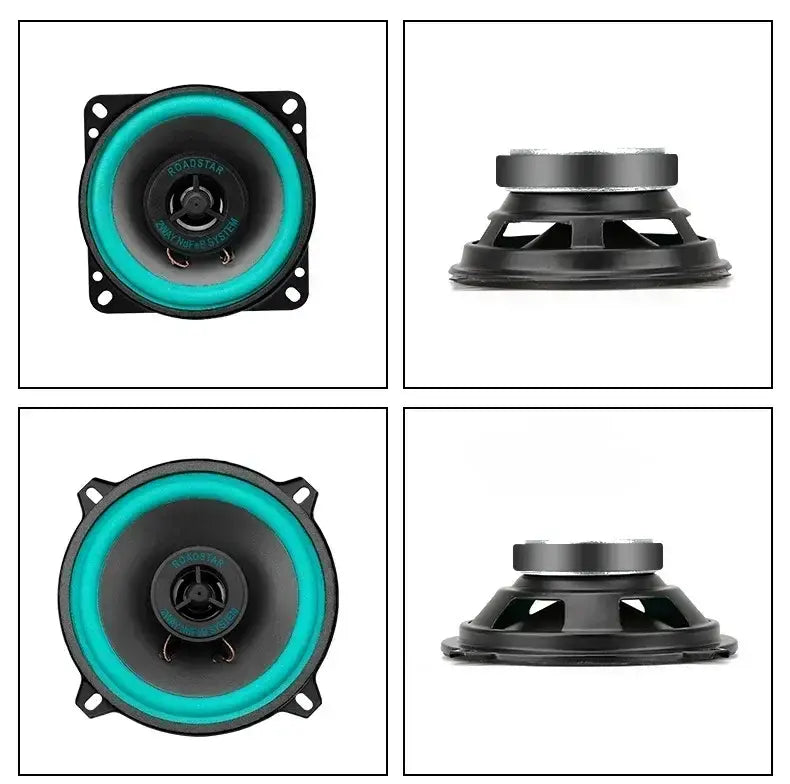 Schwarzer und türkisfarbener Roadstar-Koaxialautolautsprecher mit kreisförmigem Design und Montagehalterungen für die Verwendung in Universal Audio Stereo.