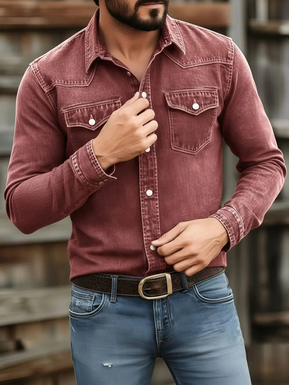 Men’s vintage denim shirt in maroon with long sleeves, two chest pockets, white buttons, and casual workwear style.