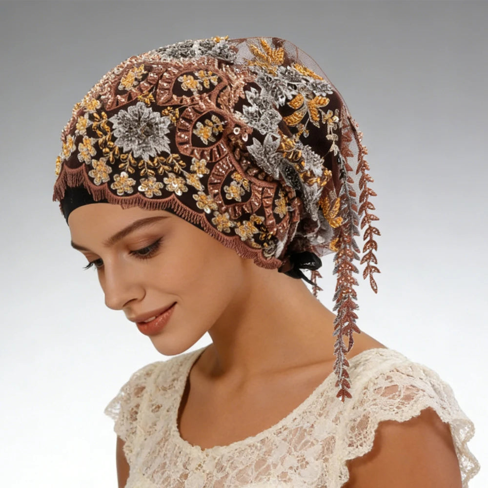 New Ethnic Tassel Headscarf Beaded Embroidery Turban Luxury Tassel Bonnet Women Muslim Hijab Lace Wedding Party Headwear Beanies