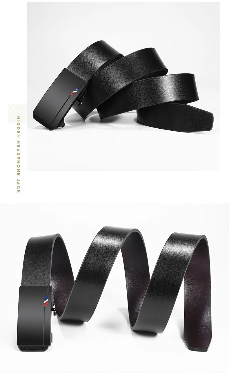Black leather men automatic buckle belt with a sleek rectangular buckle featuring a small red and white logo for casual use.