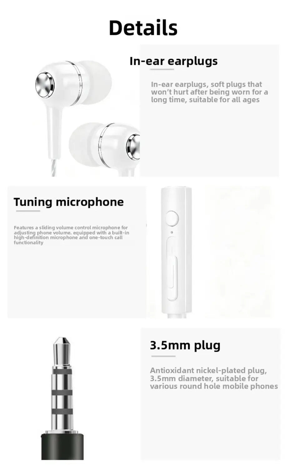 écouteurs filaires intra-auriculaires pour téléphone mobile blancs avec microphone, accents métalliques argentés et conception ergonomique élégante.