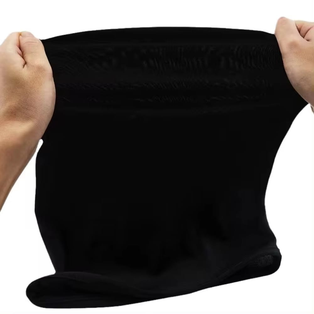 A black spandex full face mask 2 pack featuring soft-textured fabric neck warmers held taut by hands.