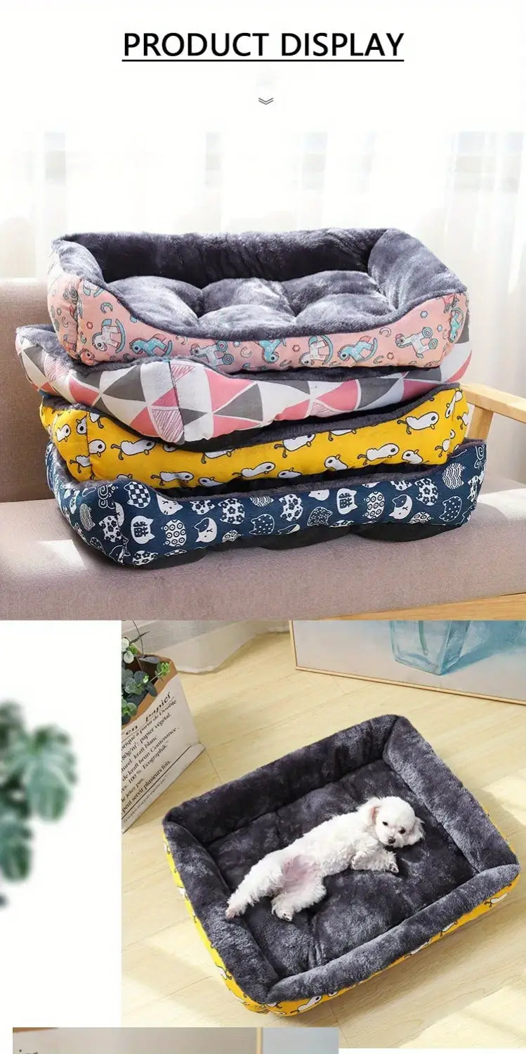 stacked plush cat bed and dog bed pet products featuring assorted colorful patterns with soft cushiony interiors and cozy fleece exteriors designed for winter use.