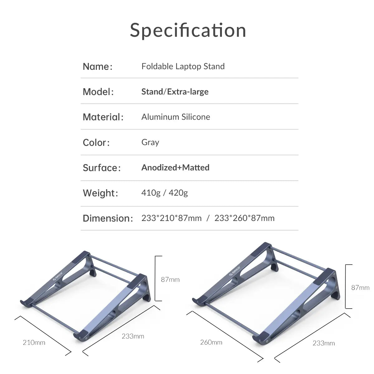 gray anodized matte-finished aluminum silicone foldable laptop stand designed for portable use by Orico portable aluminum laptop stand and desktop riser