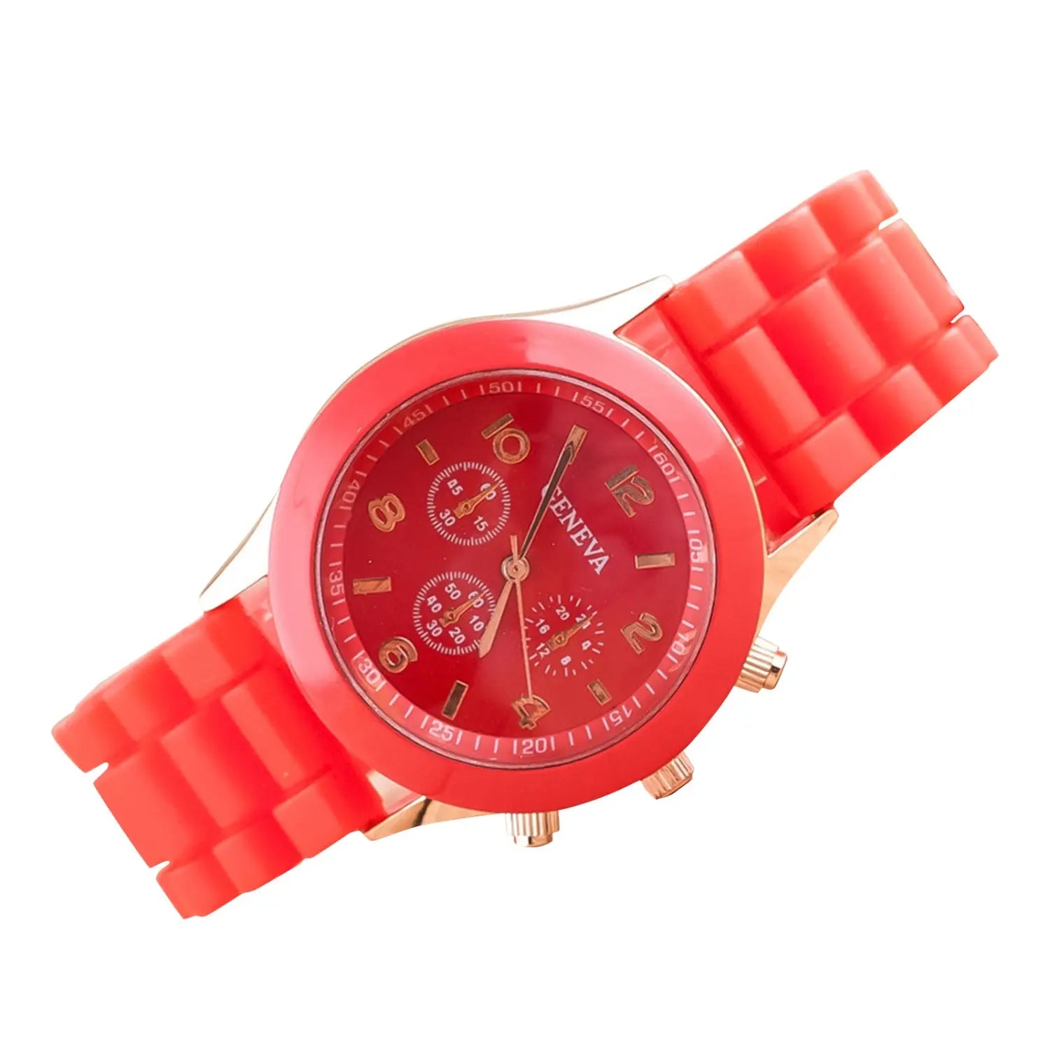 Women silicone quartz watch with vibrant red silicone strap and rose gold tone case featuring chronograph subdials.