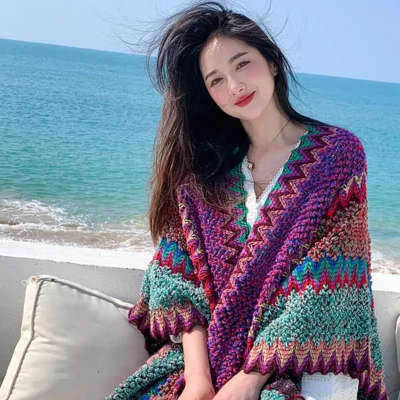 Ethnic Style Cape Oversized Sweater Jacket Women Fashion New Loose Patchwork Warm Long Scarf Knitted Cardigan Woman