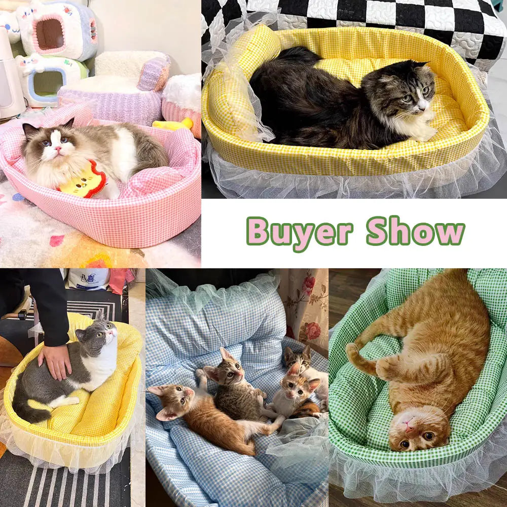 Yellow checkered plush cat sofa bed featuring a lace edge sheer white ruffled skirt for comfortable pet lounging.