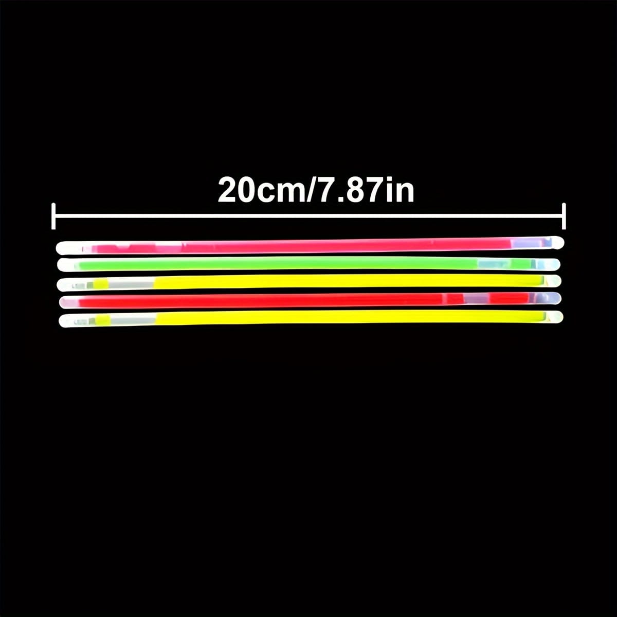 Conjunto de cinco bastones luminosos de neón a granel para collares y pulseras de fiesta, de 20 cm de longitud, con colores neón vibrantes rosa, verde, amarillo, rojo y amarillo, con extremos translúcidos.